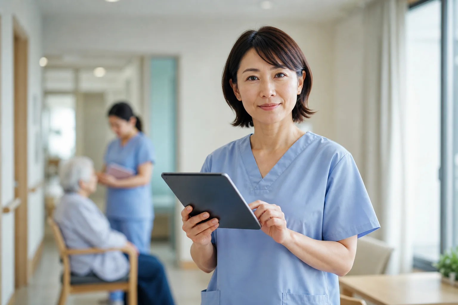 介護施設でタブレットを使い記録を確認する日本人専門職
