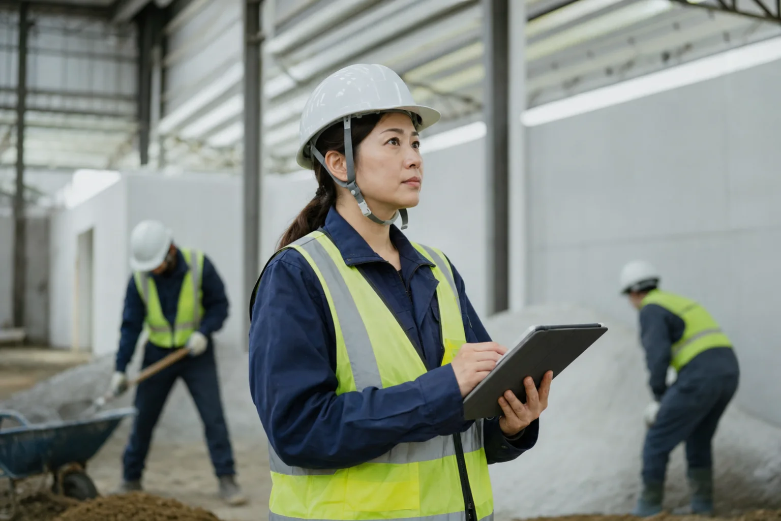 建設現場でタブレットを使い進捗を確認する日本人専門職