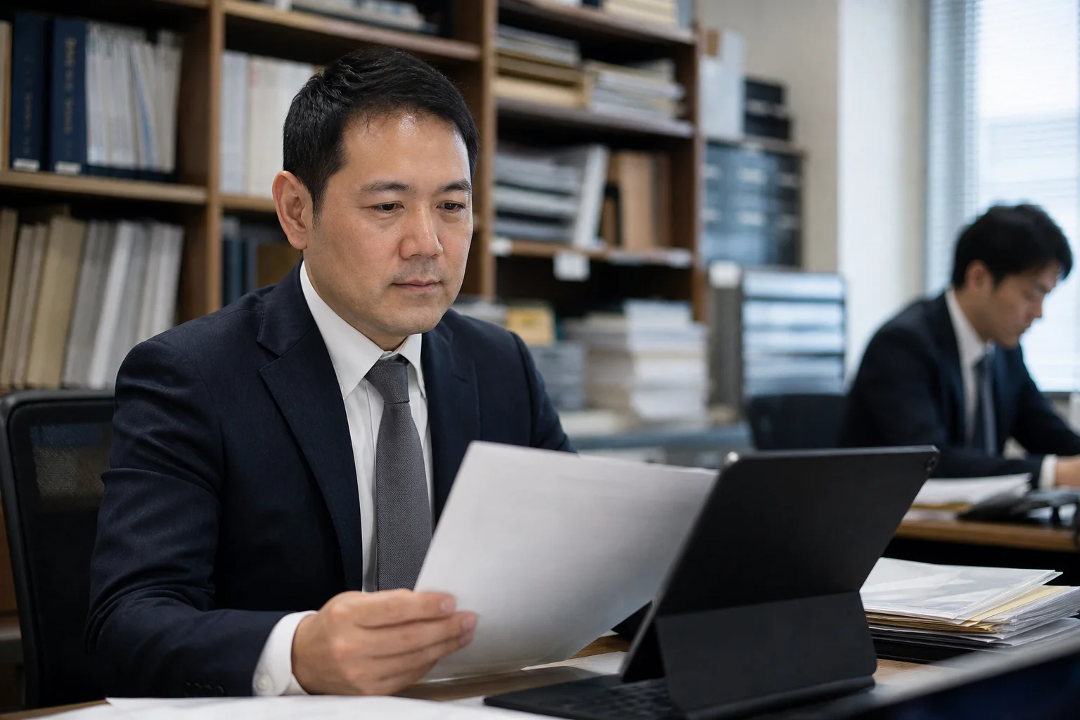 士業事務所で書面とタブレットを確認する日本人専門職