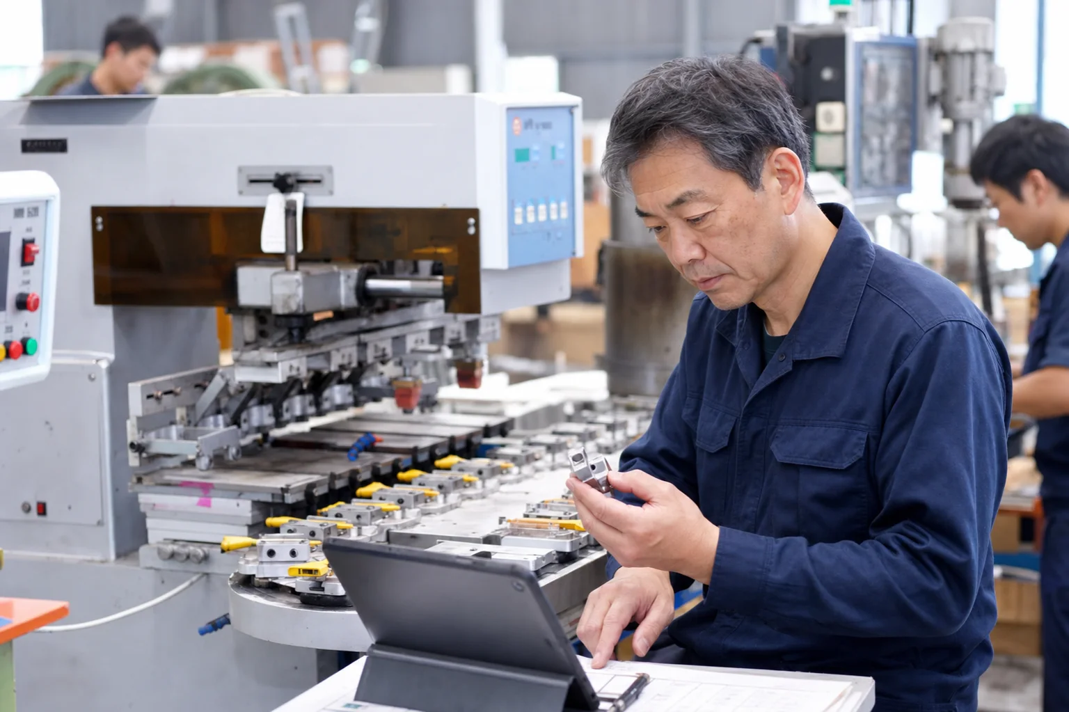 製造現場で部品とタブレットを確認する日本人技術者