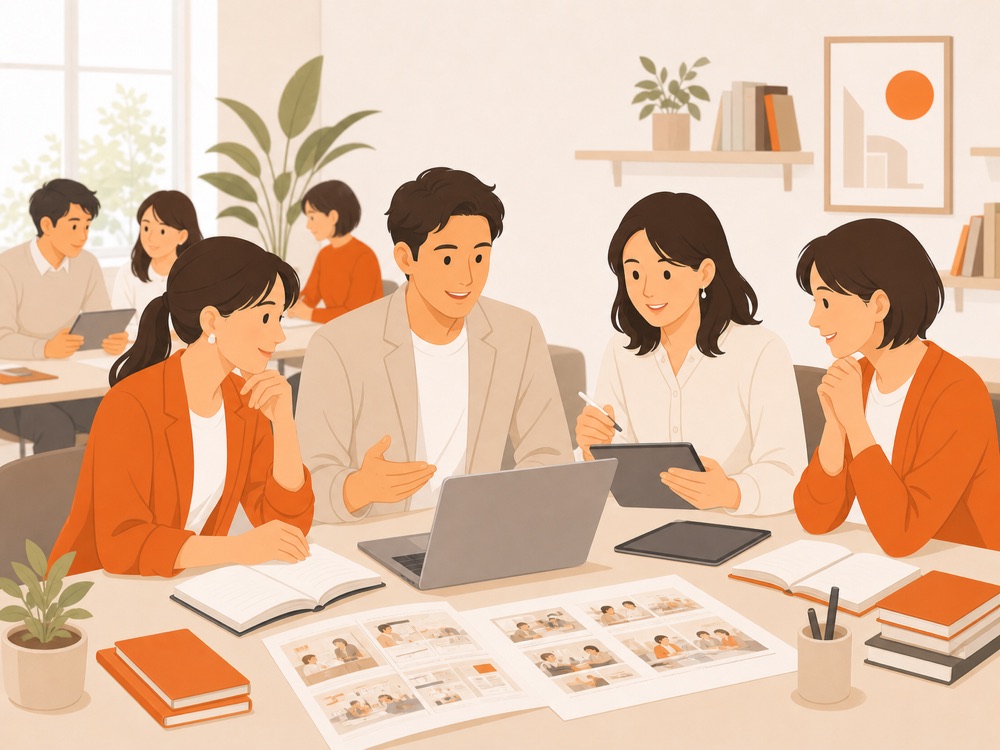 教室で教材制作を相談する講師と運営スタッフのイラスト