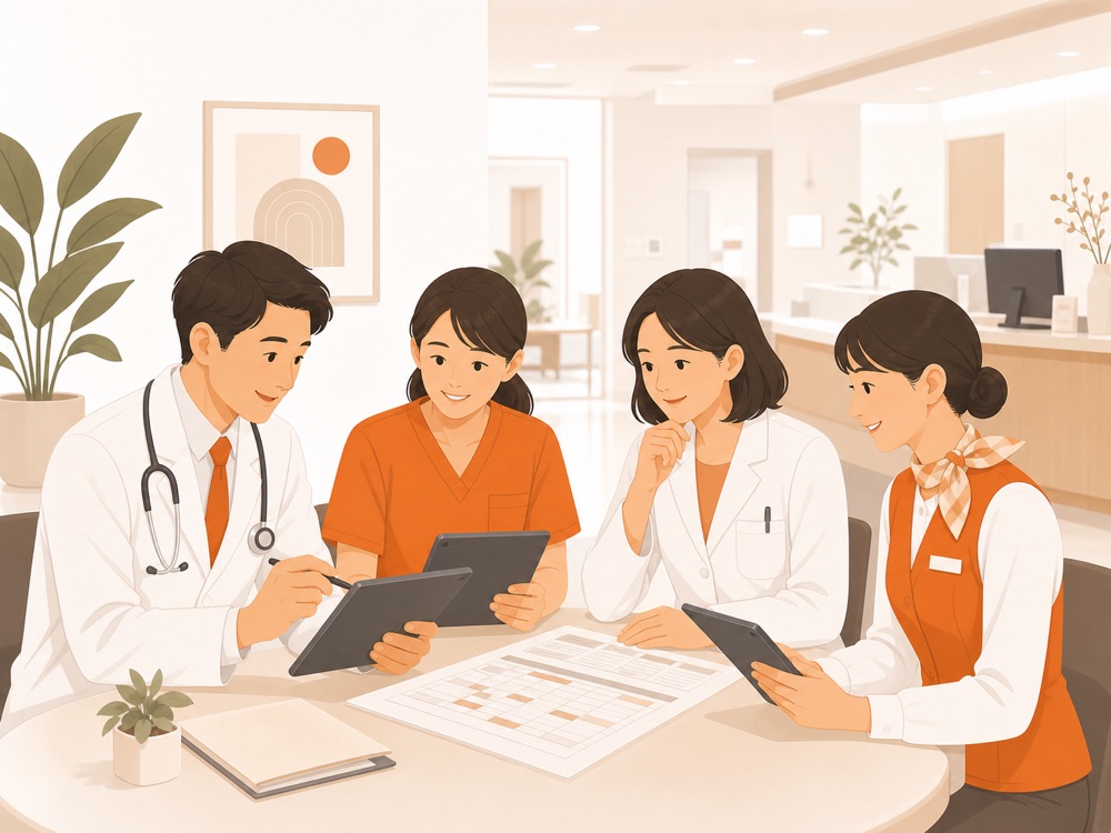クリニックで業務改善を相談する医療スタッフのイラスト