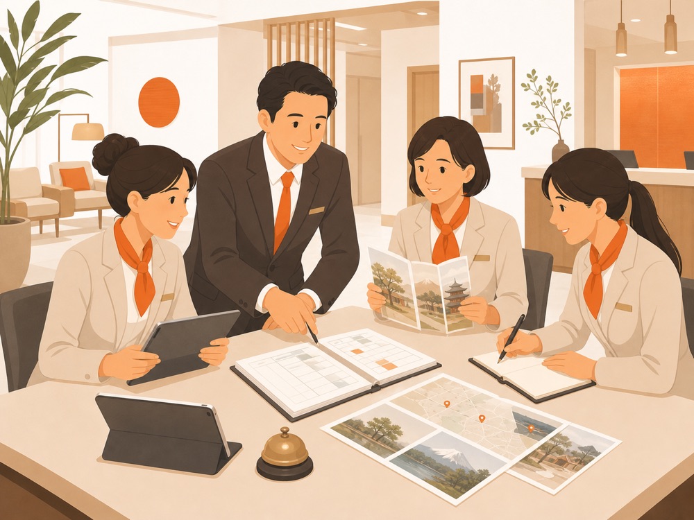 ホテルで予約と案内業務を相談するスタッフのイラスト
