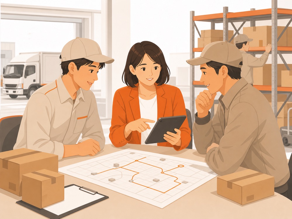 物流センターで配送計画を相談するスタッフのイラスト