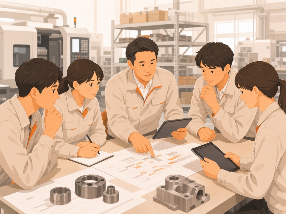 製造現場で工程表を確認するチームのイラスト