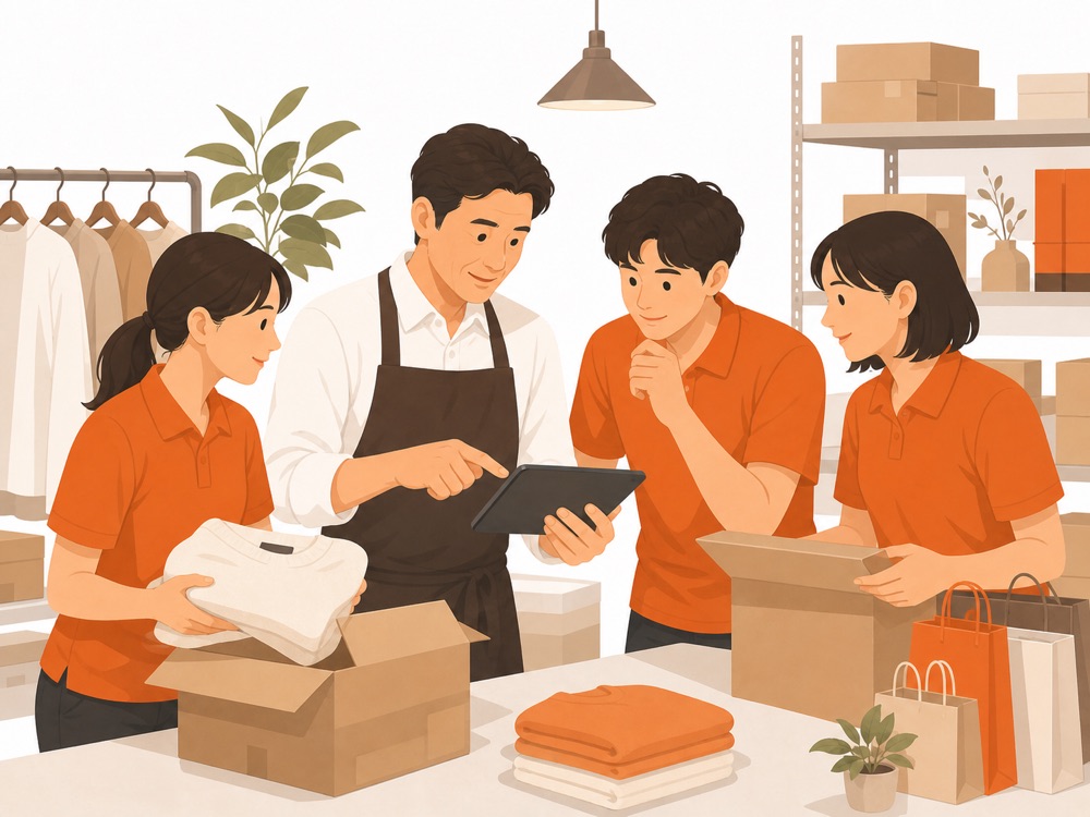 店舗で在庫とEC運用を確認するスタッフのイラスト