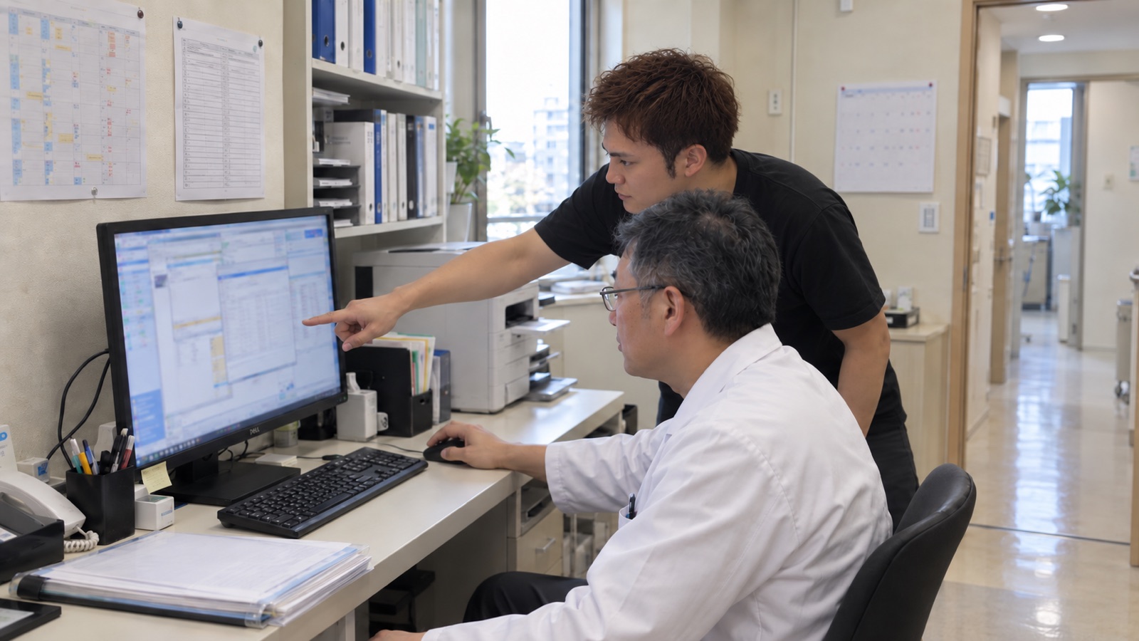 担当者が訪問し、その場の画面を見ながら業務の進め方を説明している様子