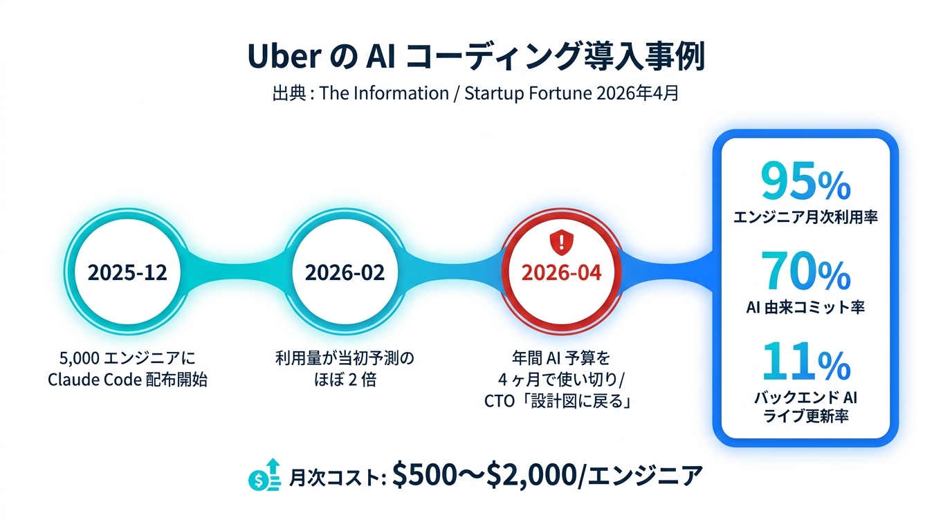Uber が Claude Code 導入で年間AI予算を4ヶ月で使い切った経過図