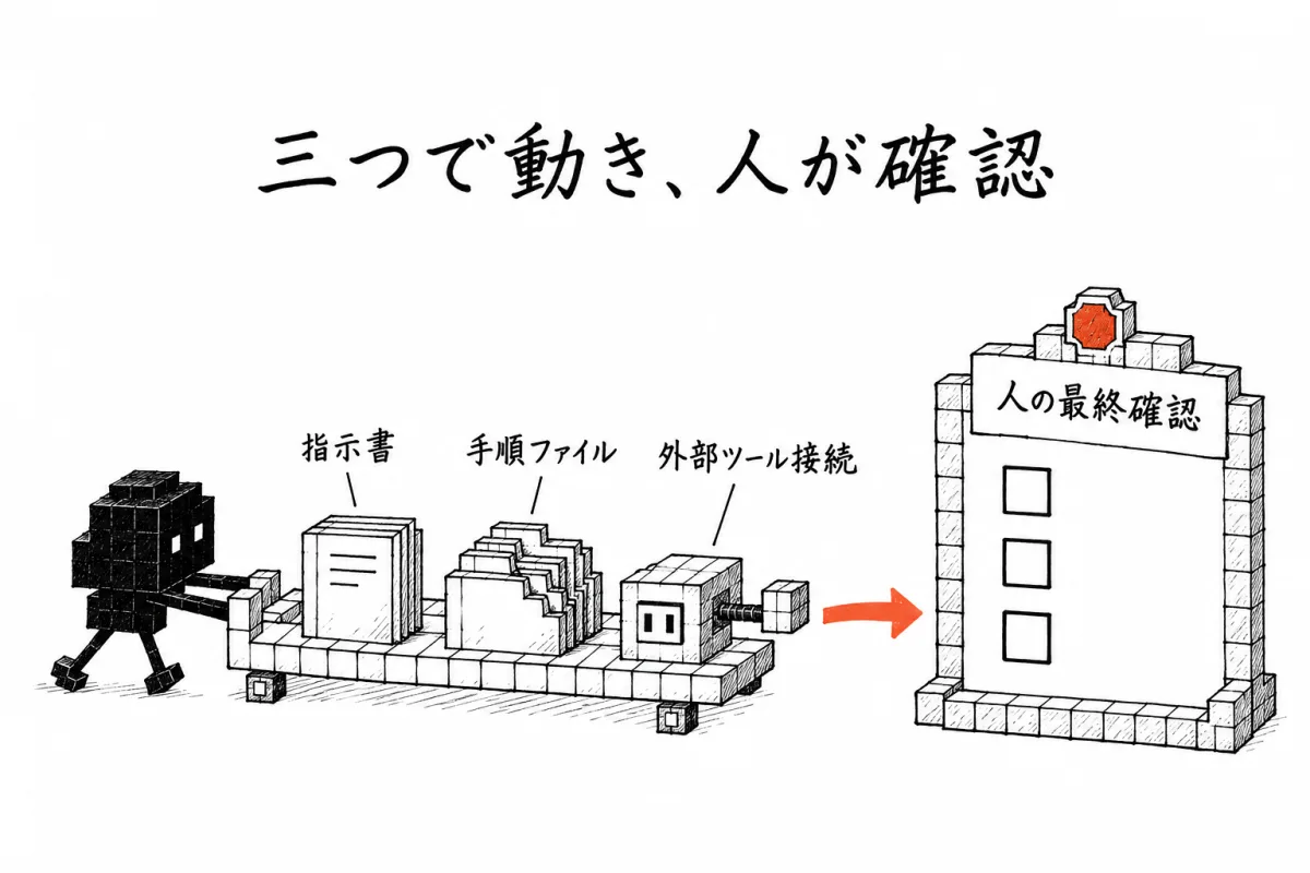 AI社員を成り立たせる3つ（指示書・手順ファイル・外部ツール接続）と、人が最後に確認する3点