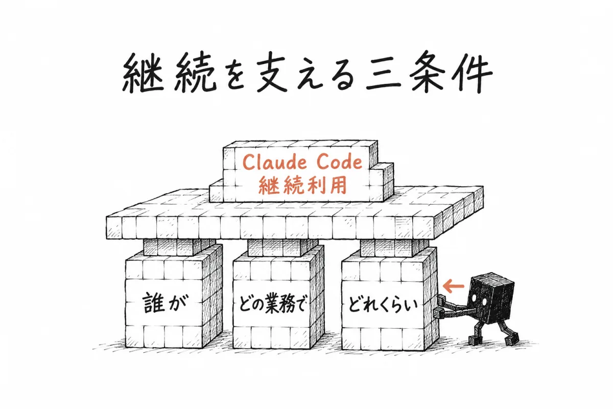 Claude Code が社内で使われ続ける状態は、誰が、どの業務で、どれくらいの三つがそろって成り立つことを示した図