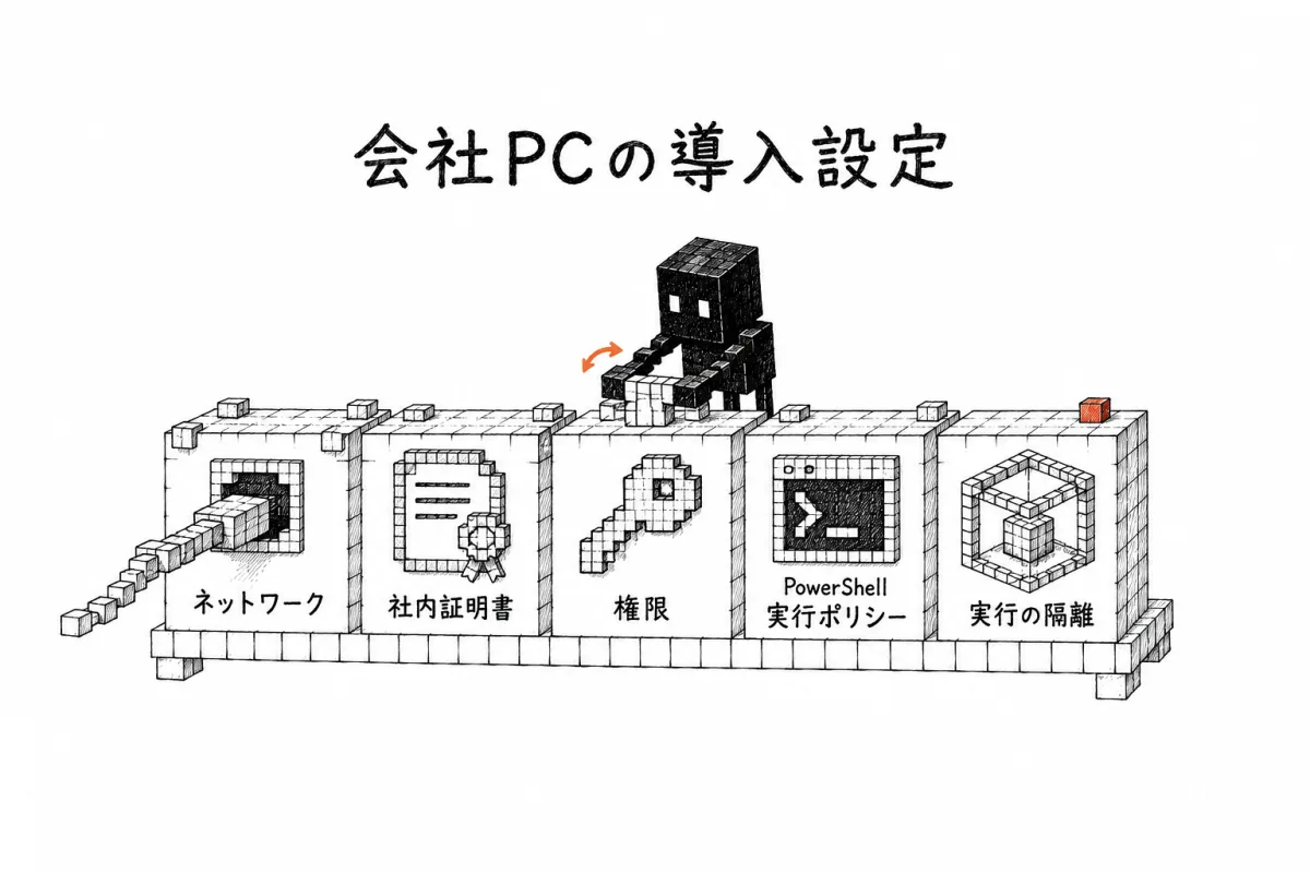 会社PC導入で決める5カ所(ネットワーク・社内証明書・権限・PowerShellの実行ポリシー・実行の隔離)を並べた図