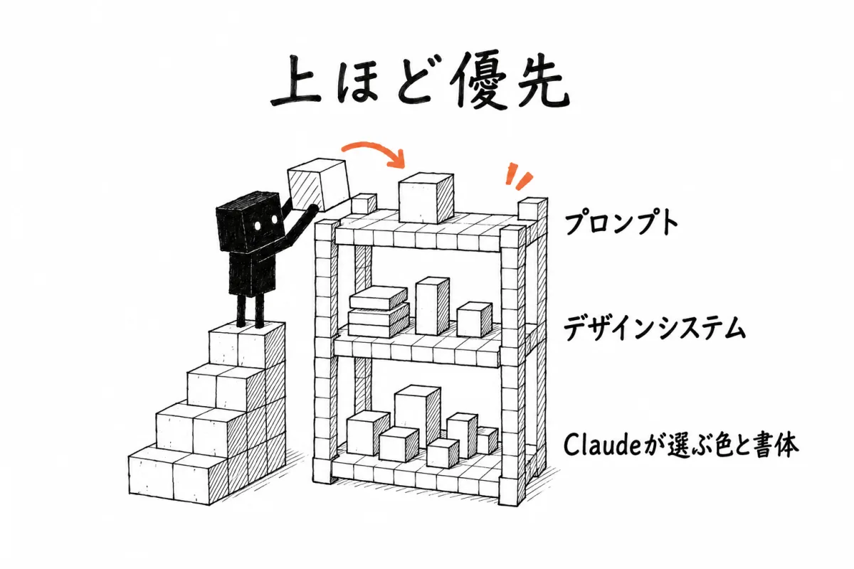 artifactを作るとき、Claudeが何を優先するかを上から順に並べた図。一番優先されるのがプロンプト（その場で書く指示）、次がデザインシステム（先に決めた色と書体と余白）、最も優先されないのが、Claudeがその場で選ぶ色と書体