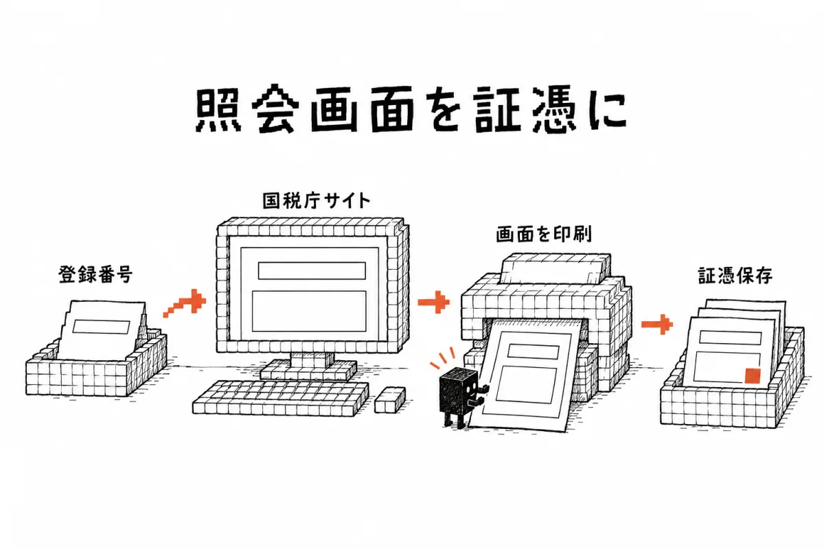 適格請求書の登録番号を国税庁のサイトで照会し、画面を印刷して証憑に残すまでの流れ