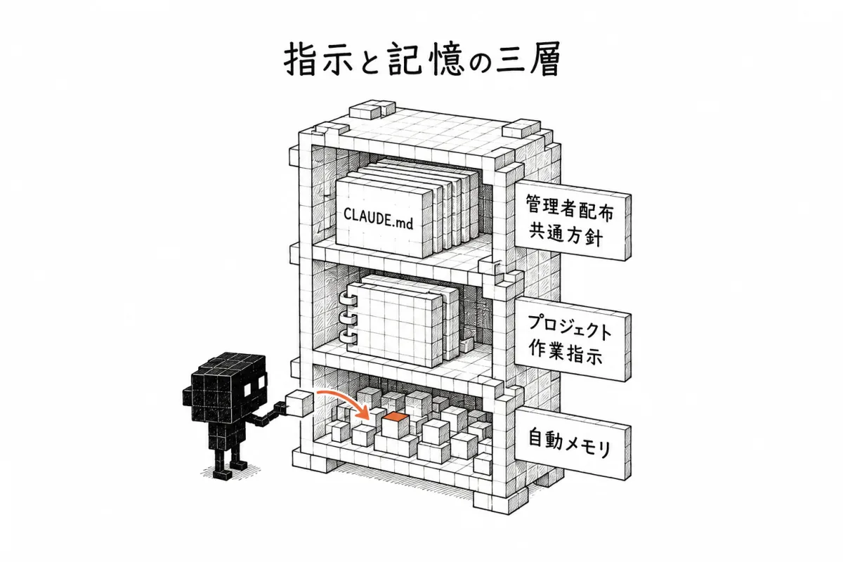 管理者が配る CLAUDE.md、プロジェクトの指示書、自動メモリの三層の分担を示した図