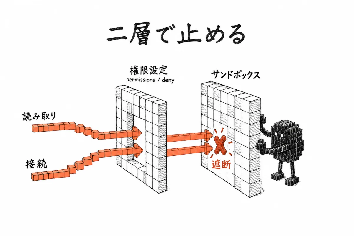 permissions の deny で止まらない読み取りと接続を、サンドボックスでもう一度止める二層