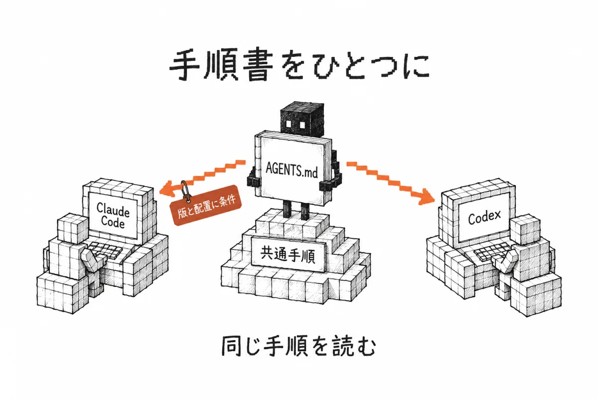 AGENTS.mdを1本だけ置き、Claude CodeとCodexの両方が同じ手順書を読む形(Claude Codeは版と配置の条件つき)