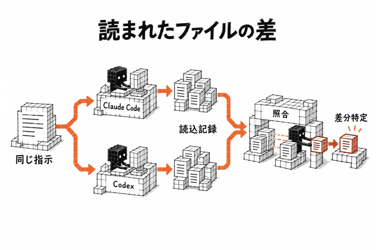 同じ指示を Claude Code と Codex に出し、読まれたファイルの差を特定するまでの流れ図