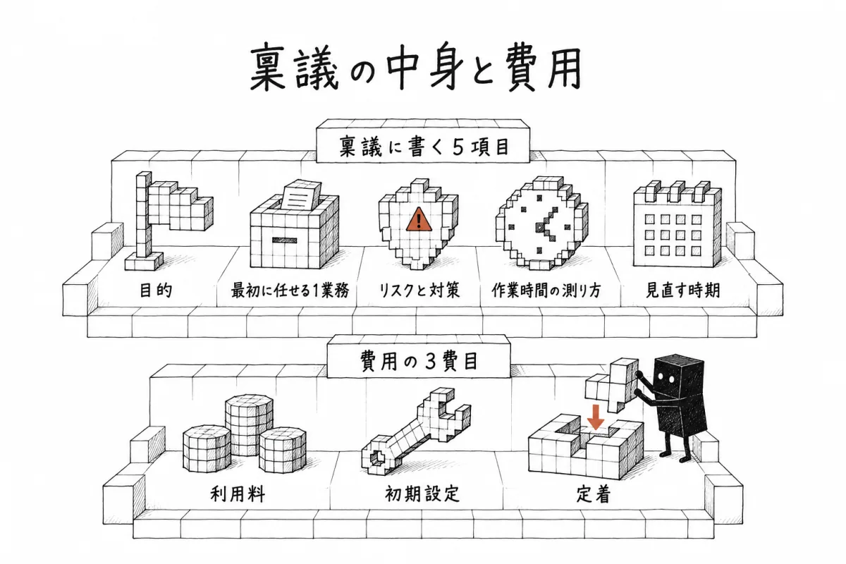 稟議書に書く5項目(目的、最初に任せる1業務、リスクと対策、作業時間の測り方、見直す時期)と費用の3費目(利用料、初期設定、定着)を1枚に並べた図