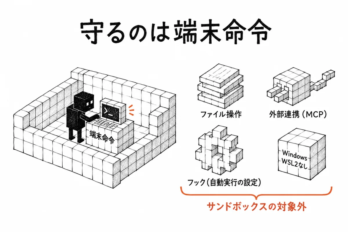 Claude Codeのサンドボックスが守る範囲（端末から実行する命令）と守らない範囲（ファイル操作・外部連携（MCP）・フック（決まった場面で自動実行する設定）・WSL2を使わないWindows）を示した図